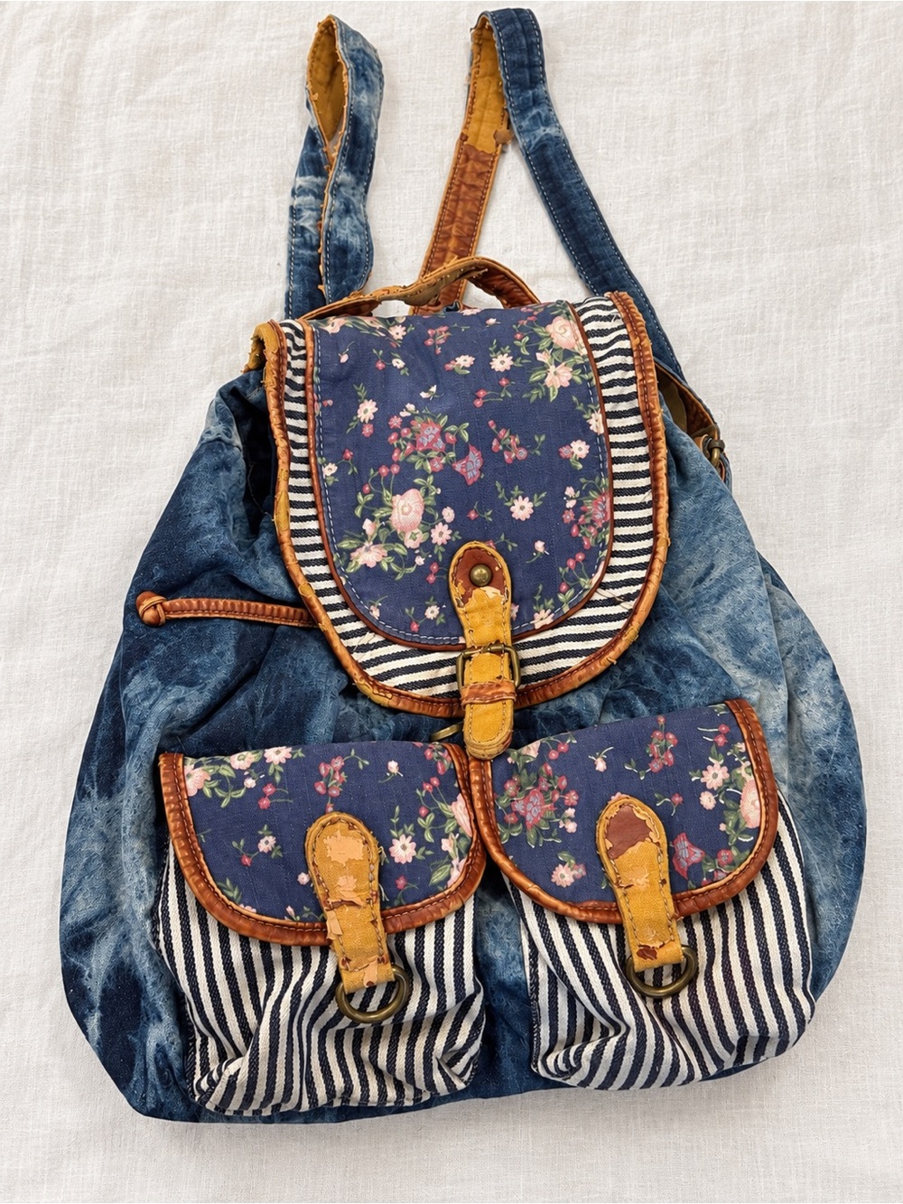 Vintage Y2K Denim Floral Backpack Boho Striped Acid Wash Rucksack